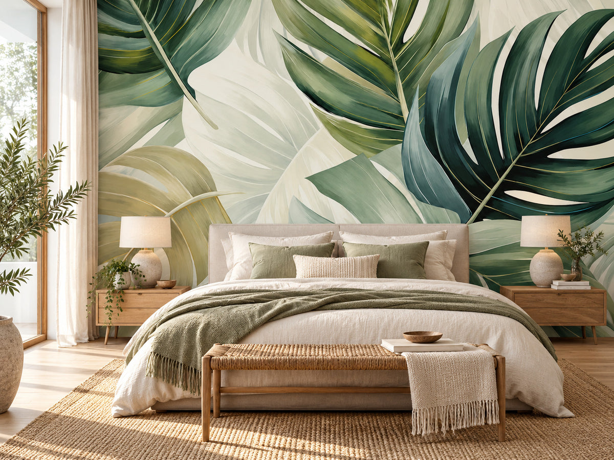 Papier peint panoramique Grandes Feuilles Tropicales Vertes — mise en scène sur un mur