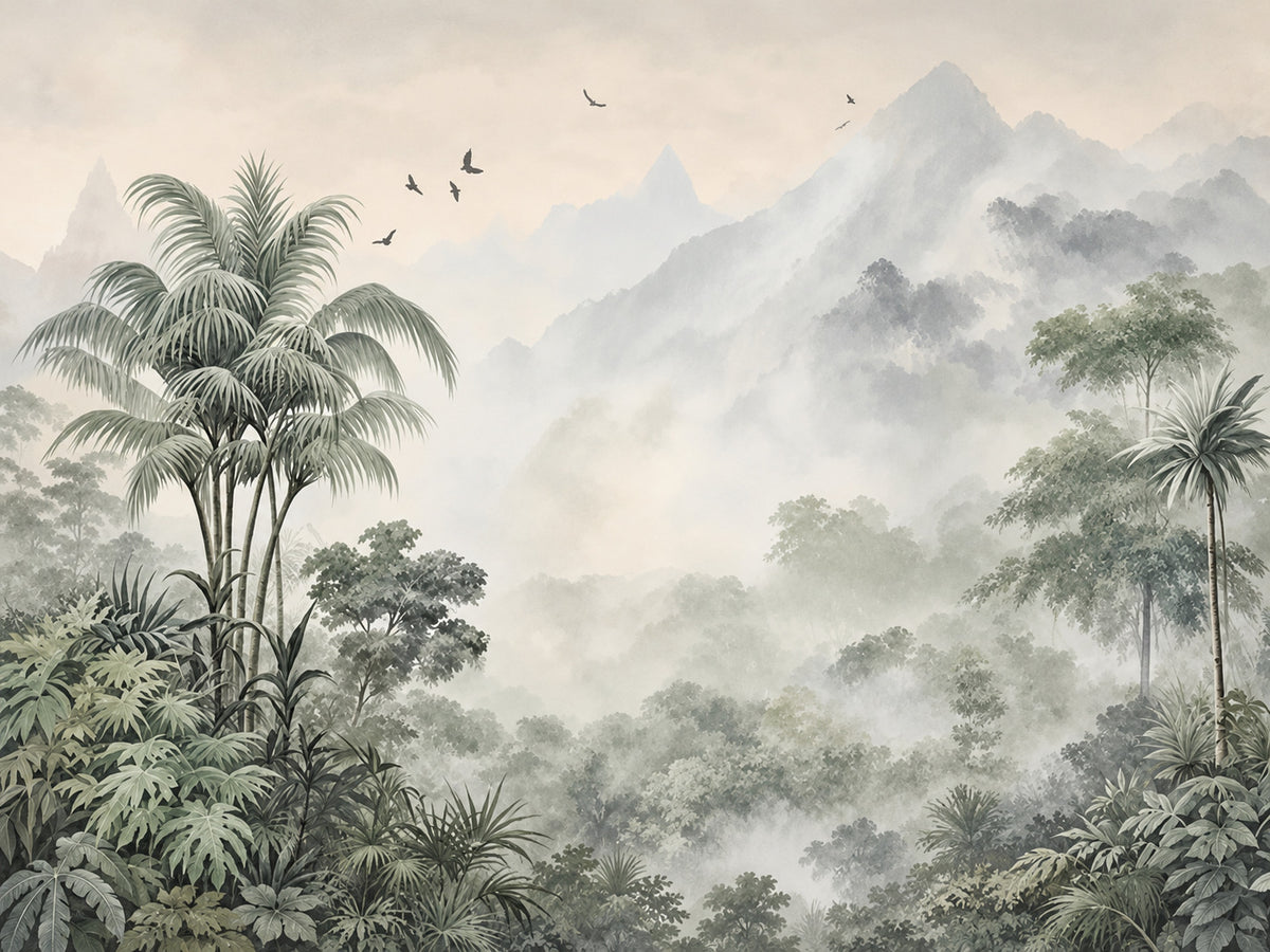 Papier peint panoramique Palmiers et Montagnes dans la Brume — vue du design seul