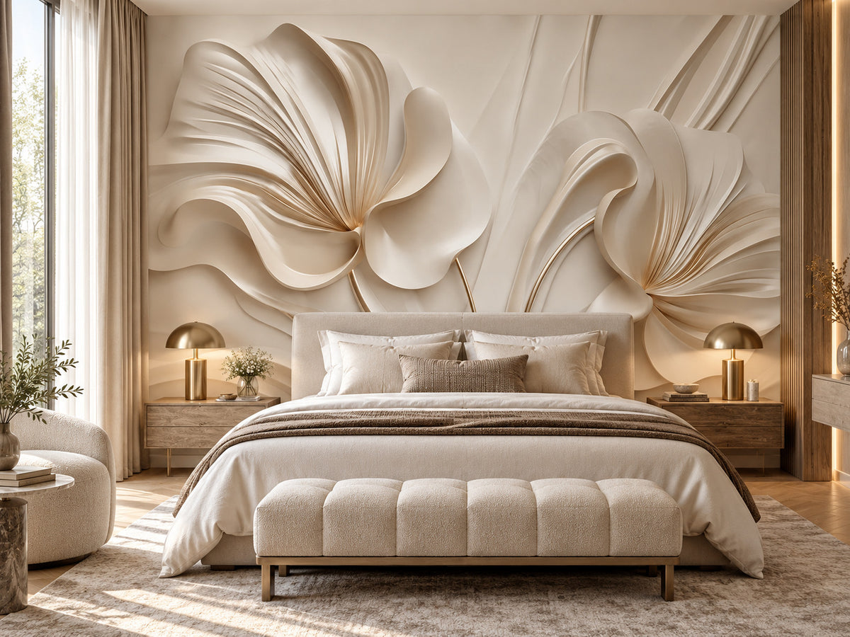Papier peint panoramique Fleurs Ivoire en Trompe-l’œil — mise en scène sur un mur